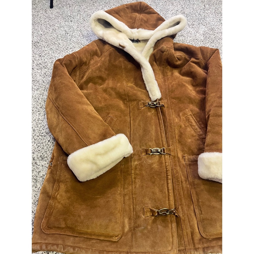 Suede Vintage Sherpa Lined Hooded Toggle Leather Coat Brown Womens Size M - Picture 2 of 14